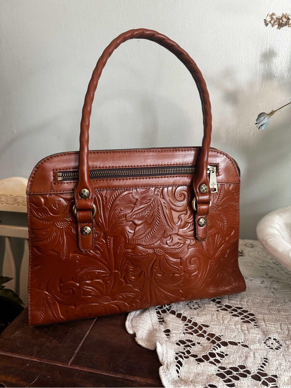 Patricia Nash Embossed Floral Leather Shoulder Bag in Saddle